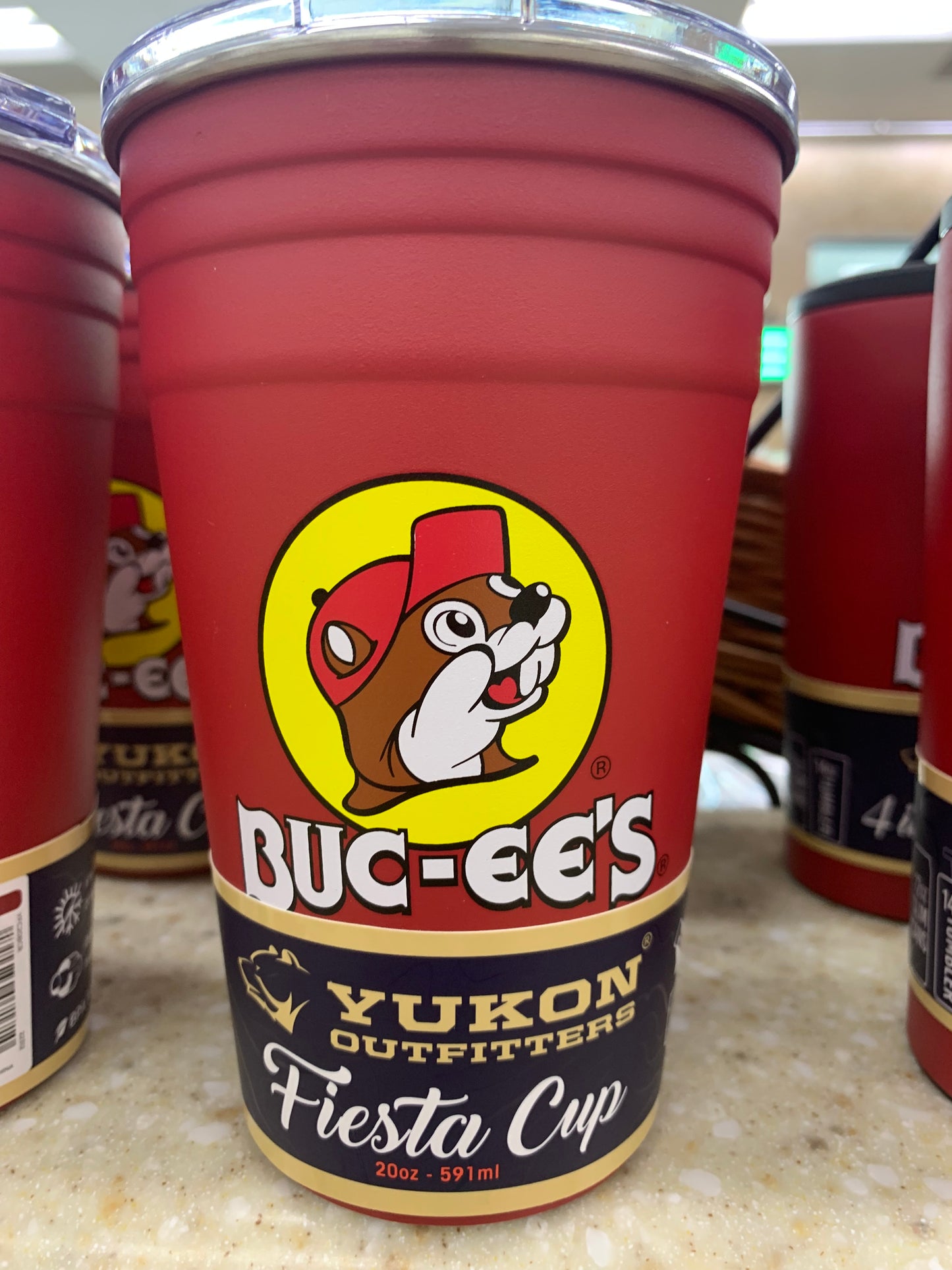 Bucees Red Fiesta 20 ounce Solo Cup with Beer Pong Ball and Lid