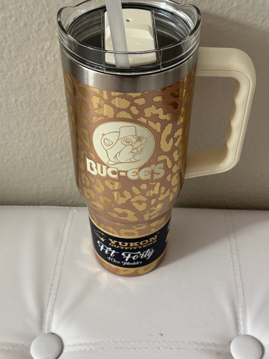 Buc-ees Yukon Outfitters Fit Forty Gold and Cream Leopard Print Tumbler with Lid and Straw