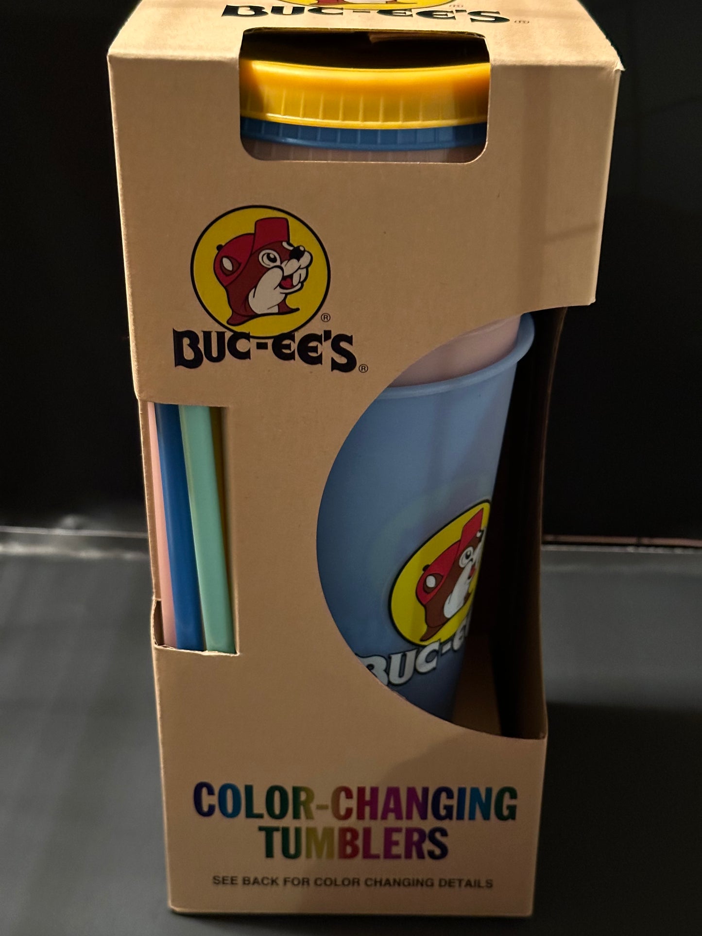 Buc-ees Rubber Color-Changing Cups with Lids and Straws Set of 5