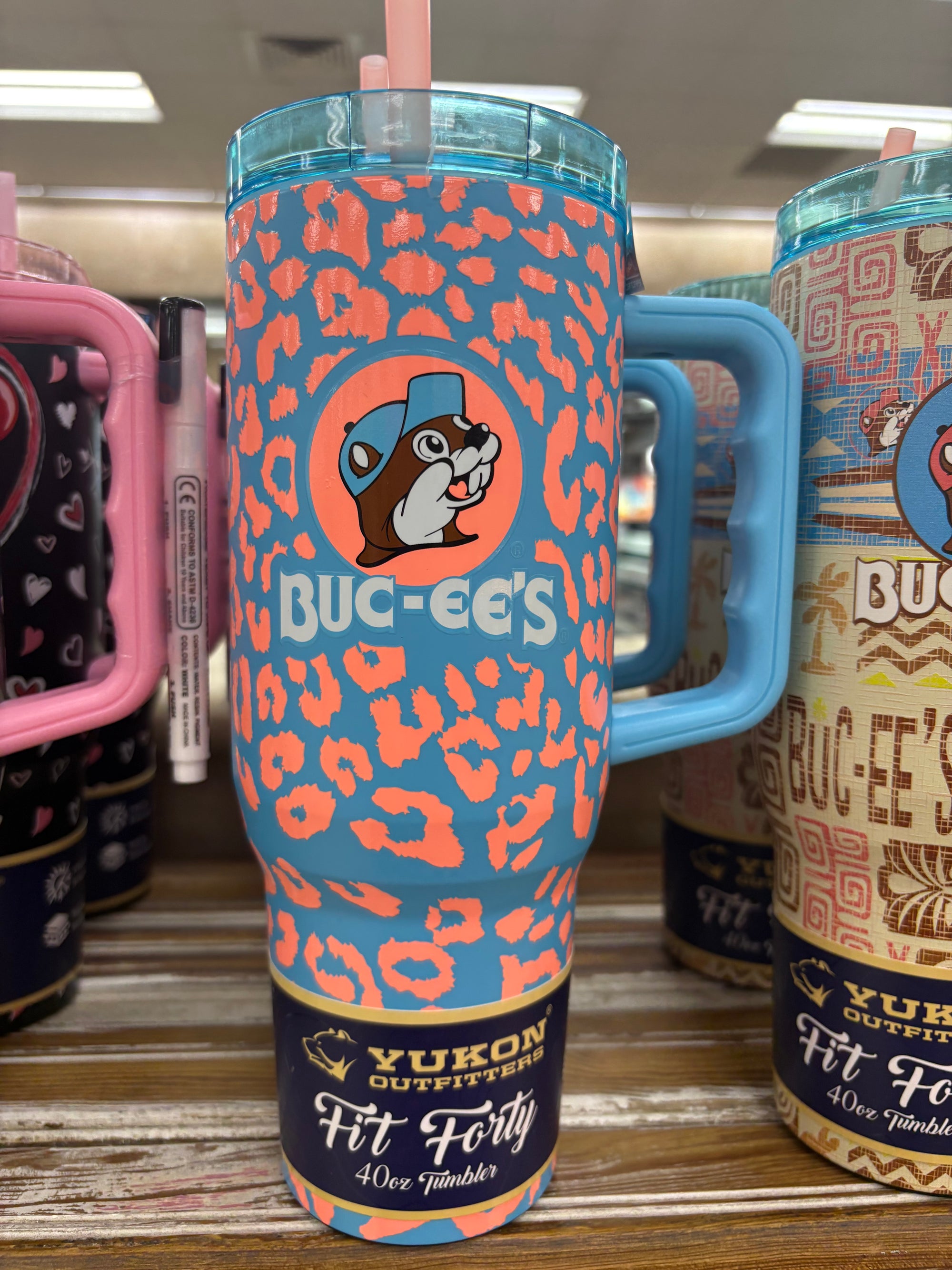 Buc-ees Spring Collection Pink and Blue Leopard Print with Beaver Logo Yukon Outfitters Fit Forty Stainless Steel Tumbler with Handle, Lid and Straw