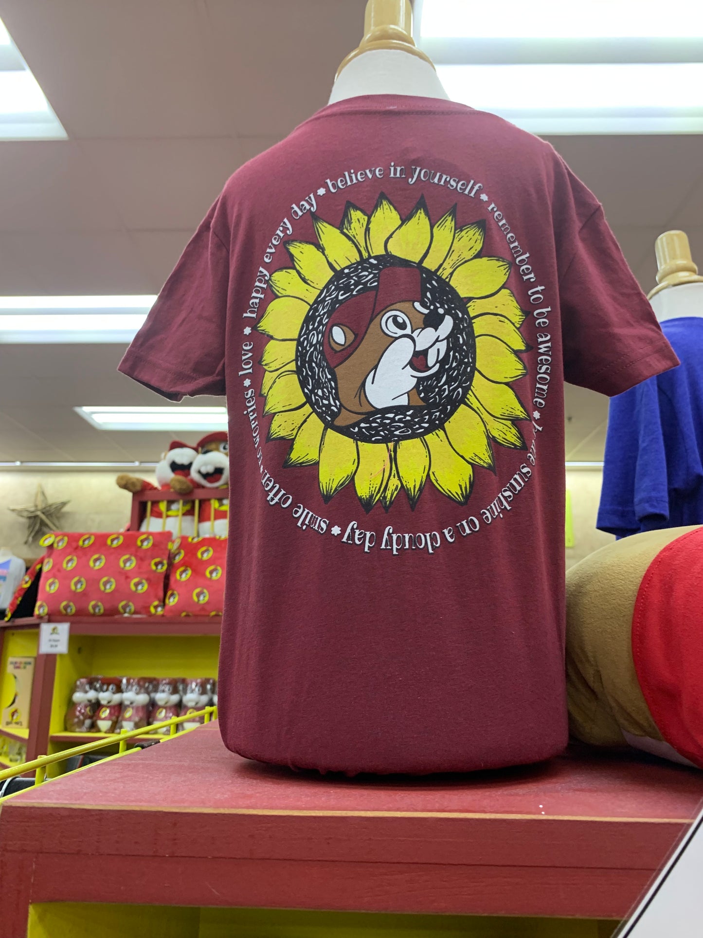 Buc-ees Burgundy Sunflower Emblem T-Shirt -Adult Sm-XXLarge