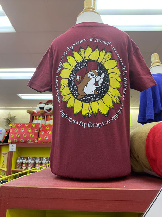 Buc-ees Burgundy Sunflower Emblem T-Shirt -Adult Sm-XXLarge