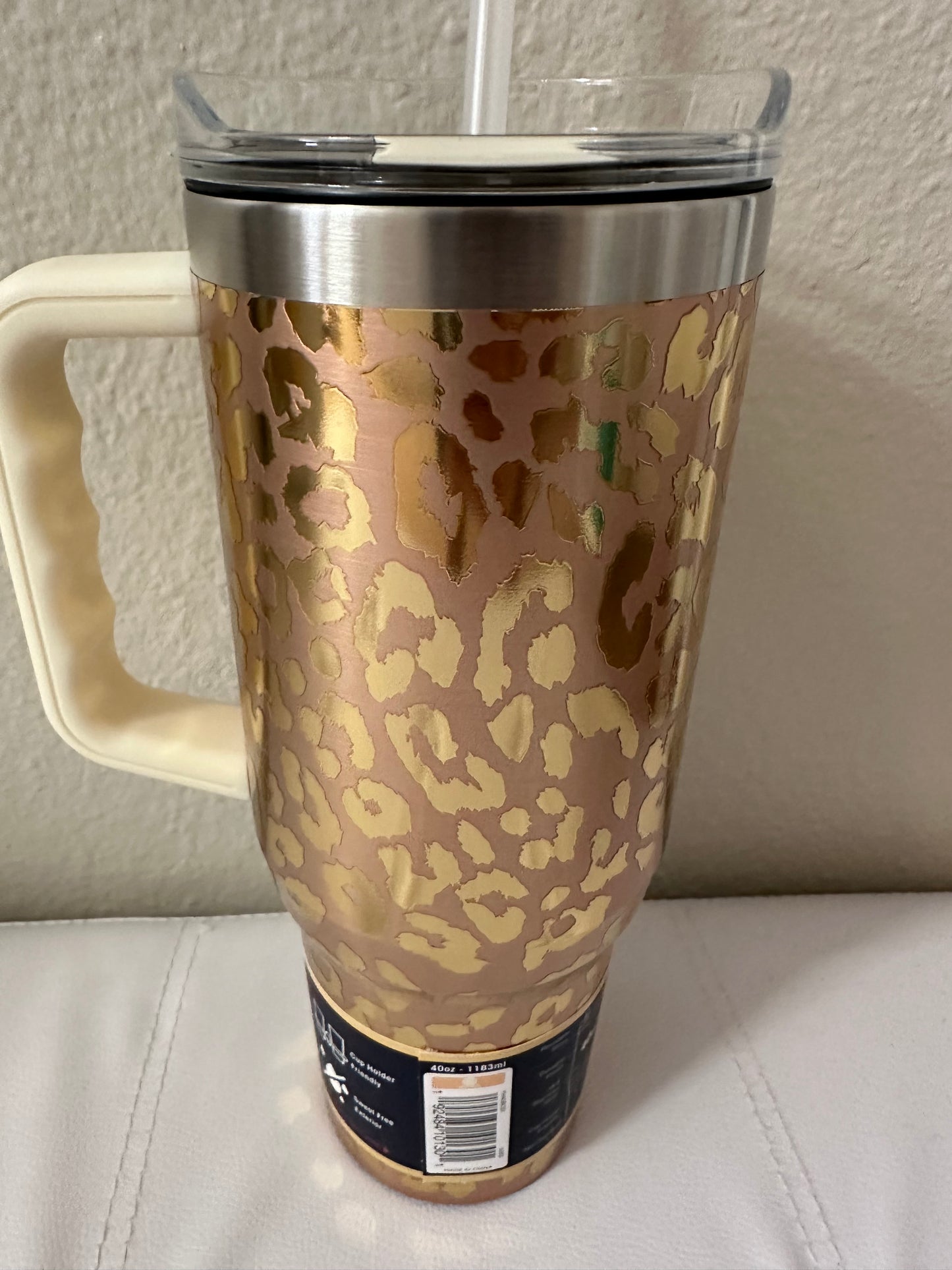 Buc-ees Yukon Outfitters Fit Forty Gold and Cream Leopard Print Tumbler with Lid and Straw