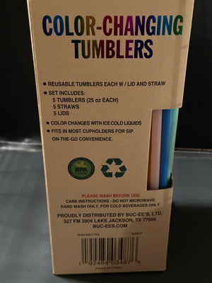 Buc-ees Rubber Color-Changing Cups with Lids and Straws Set of 5