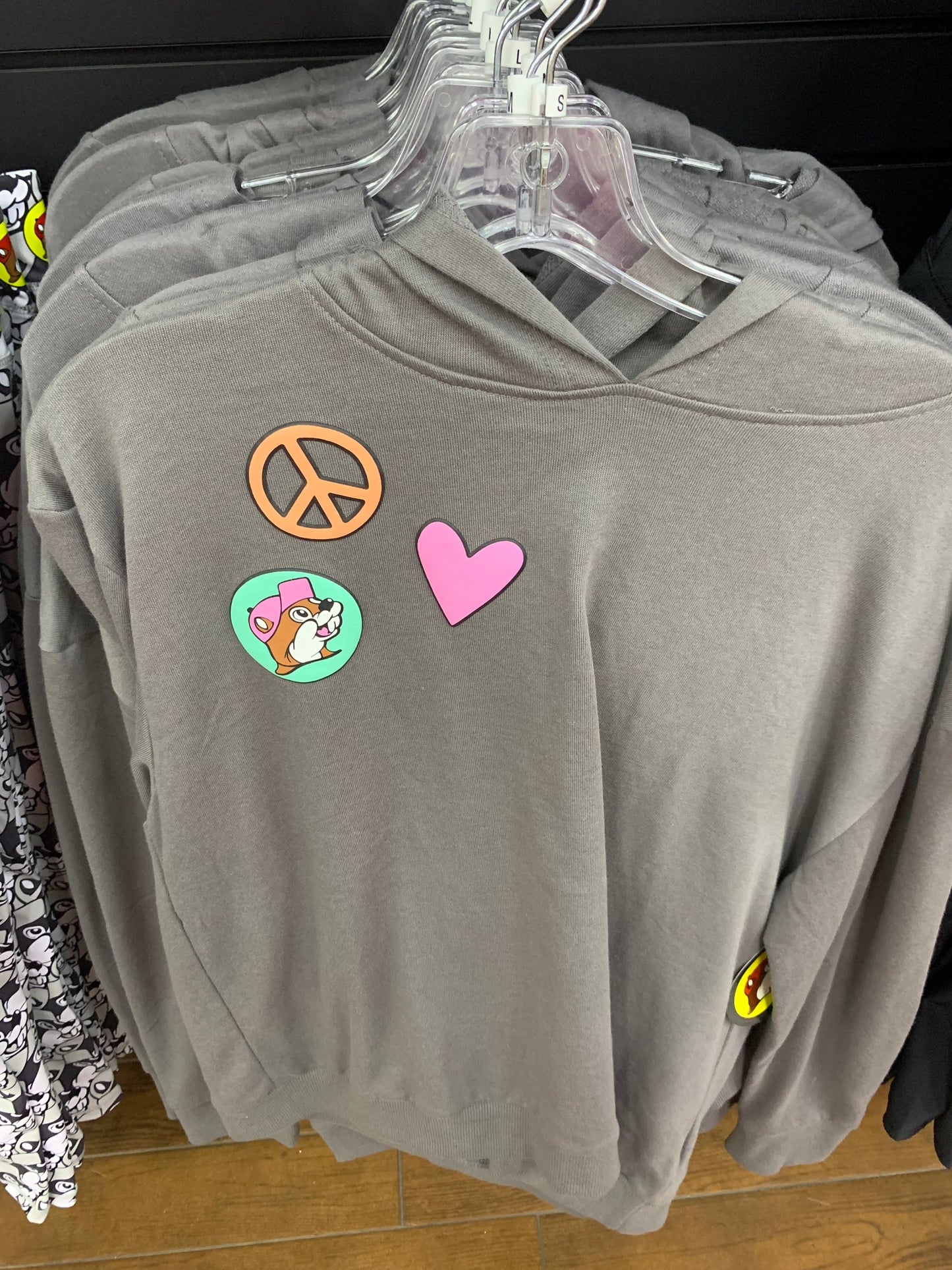 Buc-ees Women’s Gray Long Sleeve Hoodie -Peace Love Bucees, Sm-XXLarge