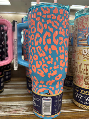Buc-ees Spring Collection Pink and Blue Leopard Print with Beaver Logo Yukon Outfitters Fit Forty Stainless Steel Tumbler with Handle, Lid and Straw