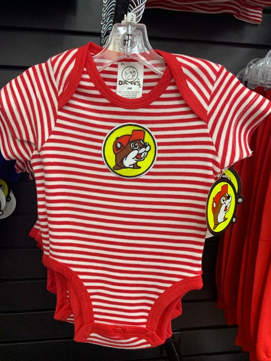 Buc-ees Infant Red and White Striped Buc-ee Emblem Onesie