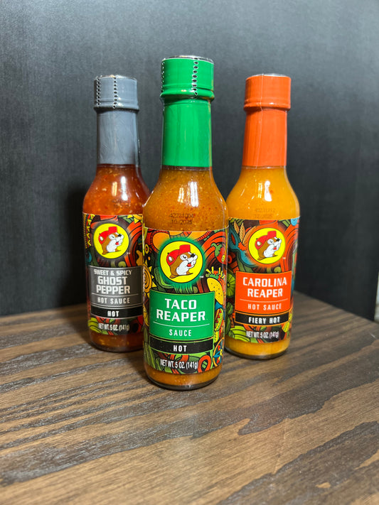 Buc-ees Hot Sauce Taco Reaper, Carolina Reaper, Ghost Pepper, Peach Habanero, and 7-POT Primo Pepper